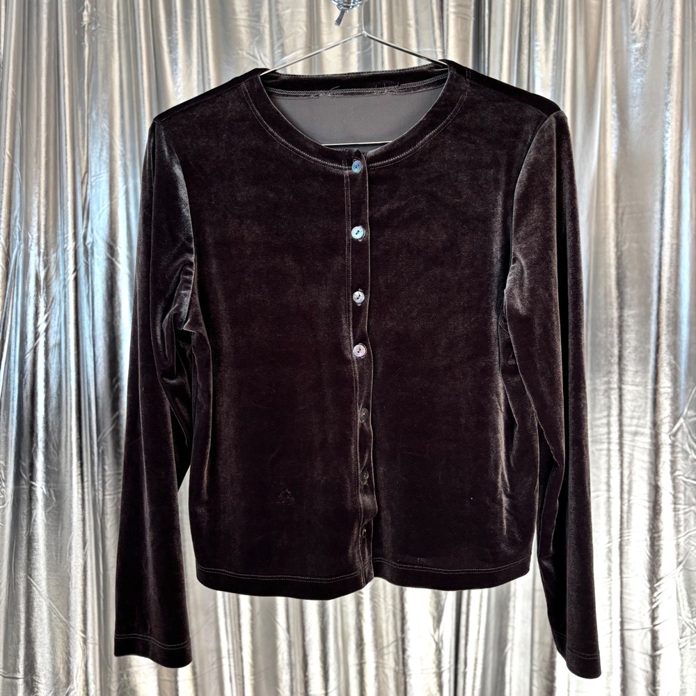 Y2K Espresso Brown Velvet Button Front Cardigan Top